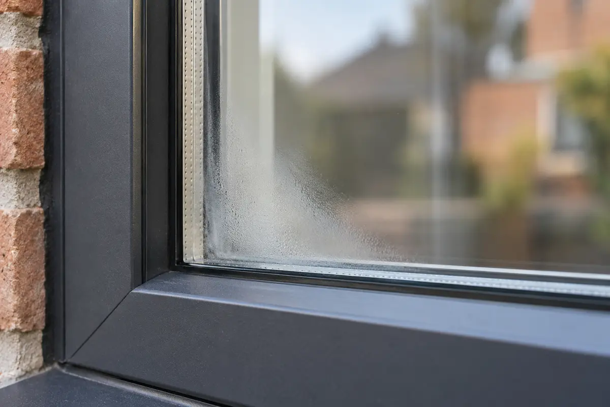 Voile de buée apparent entre les feuilles de verre dans l’angle inférieur d’un vitrage isolant à cadre foncé