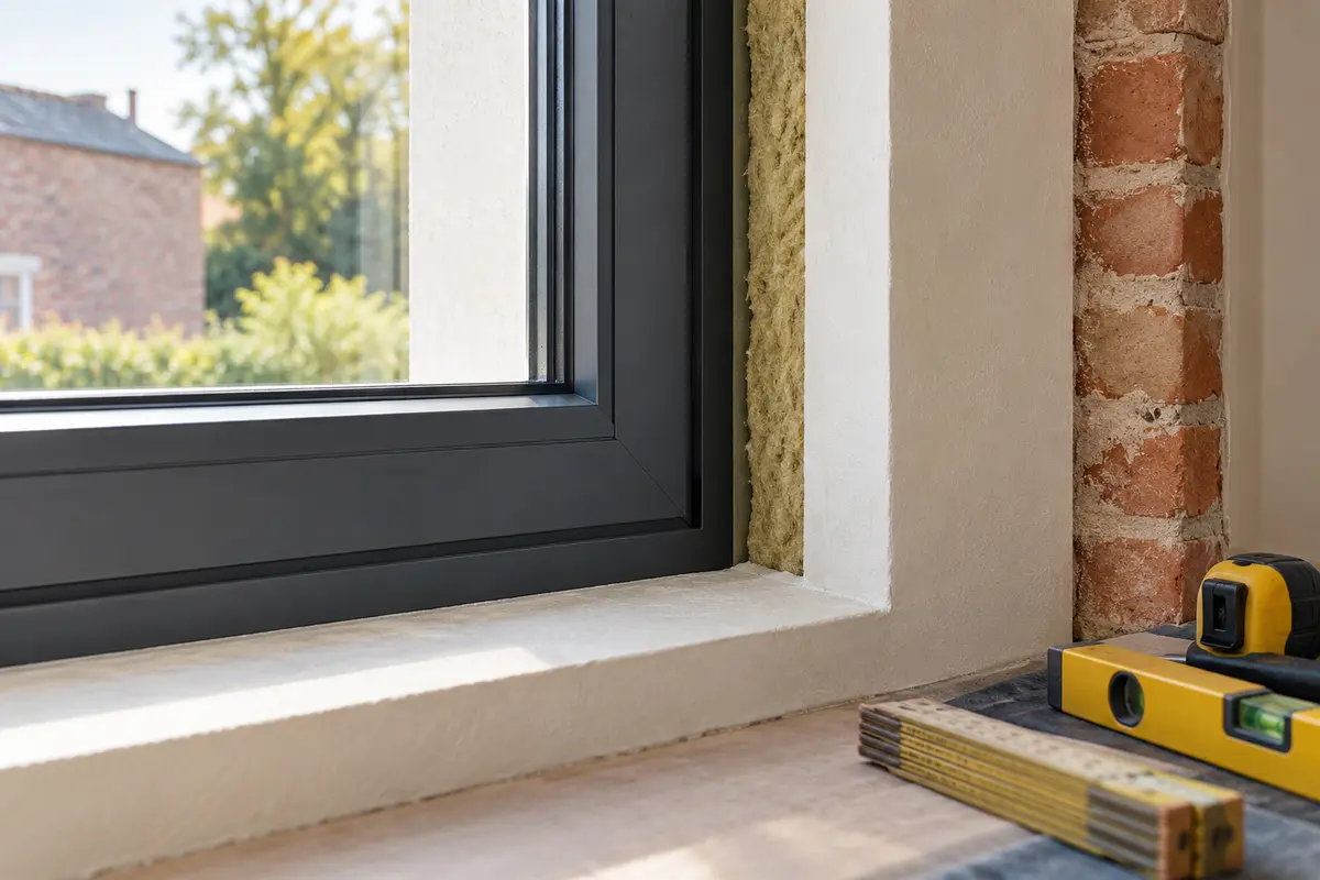 Détail d’un châssis anthracite et de son raccord avec l’isolation et la maçonnerie