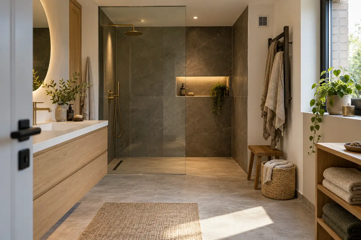 Douche de plain-pied avec paroi vitrée, niche murale, rangement et grille de ventilation